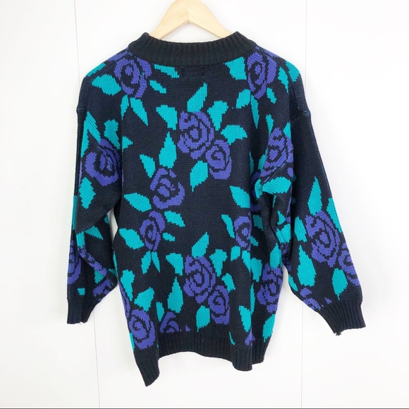 Erika Vintage Purple Rose Crew Neck Sweater Medium 90s Y2K - Picture 4 of 9